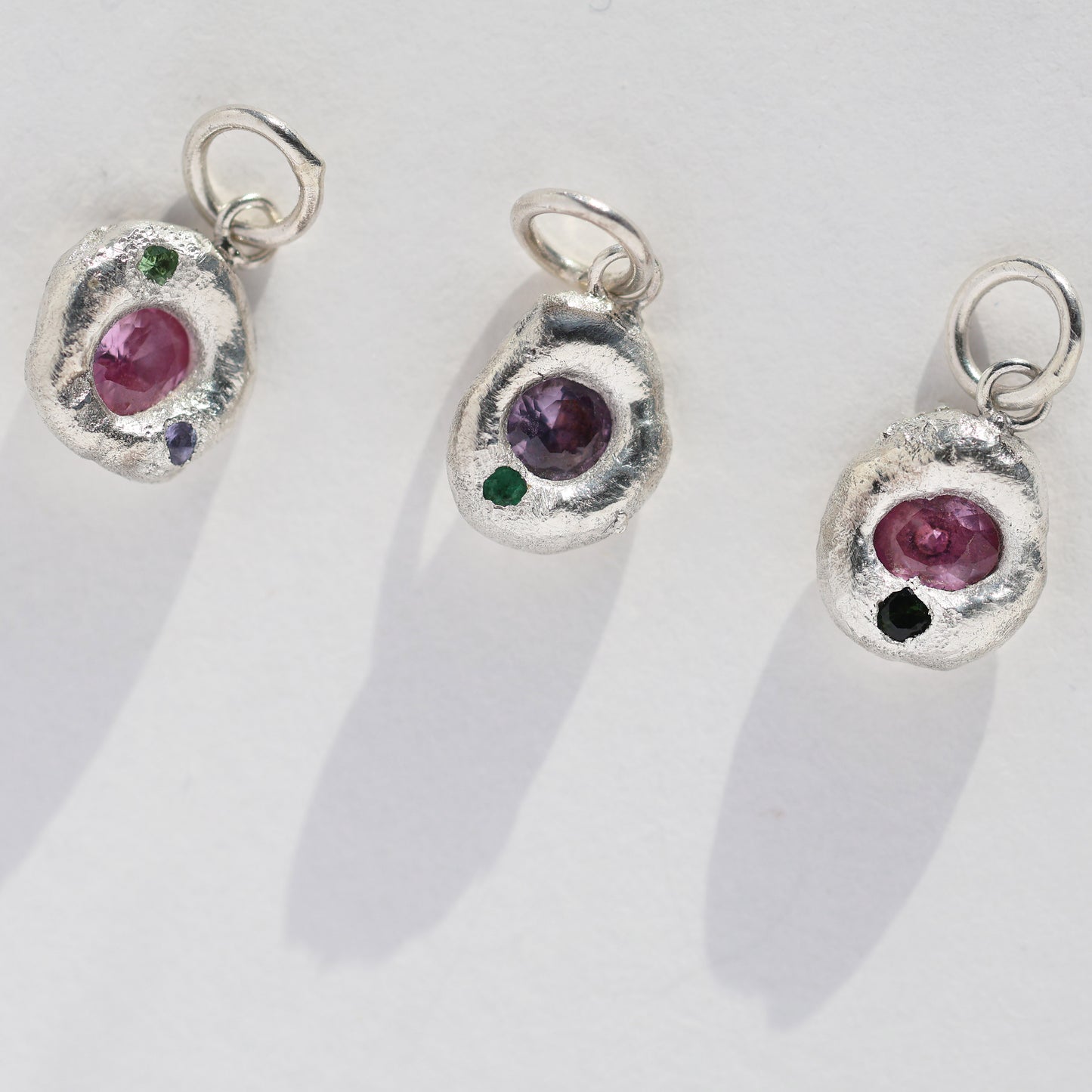 Molten Pendant - Silver - Pink Sapphire with Dark Green Tourmaline - No Chain