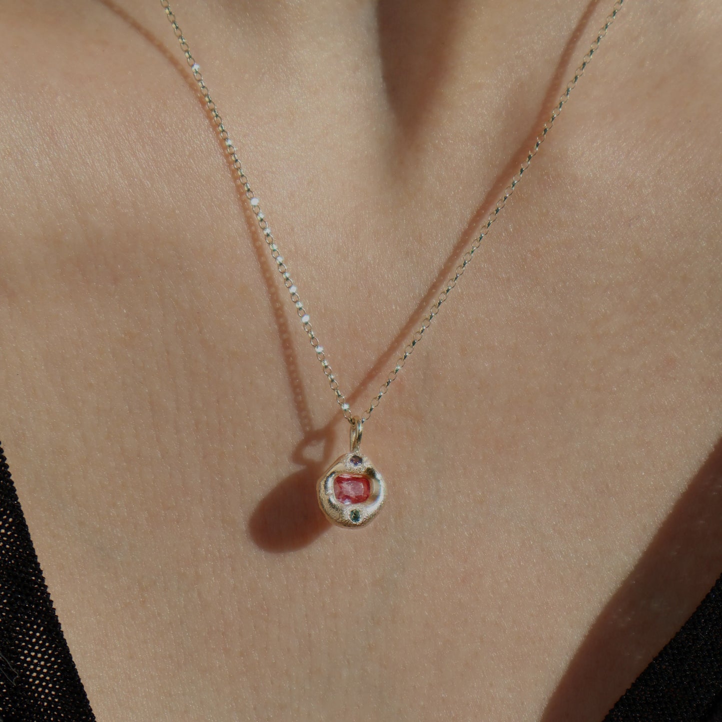 Molten Pendant - 9ct Gold - Oval Pink Sapphire with Tanzanite and Topaz
