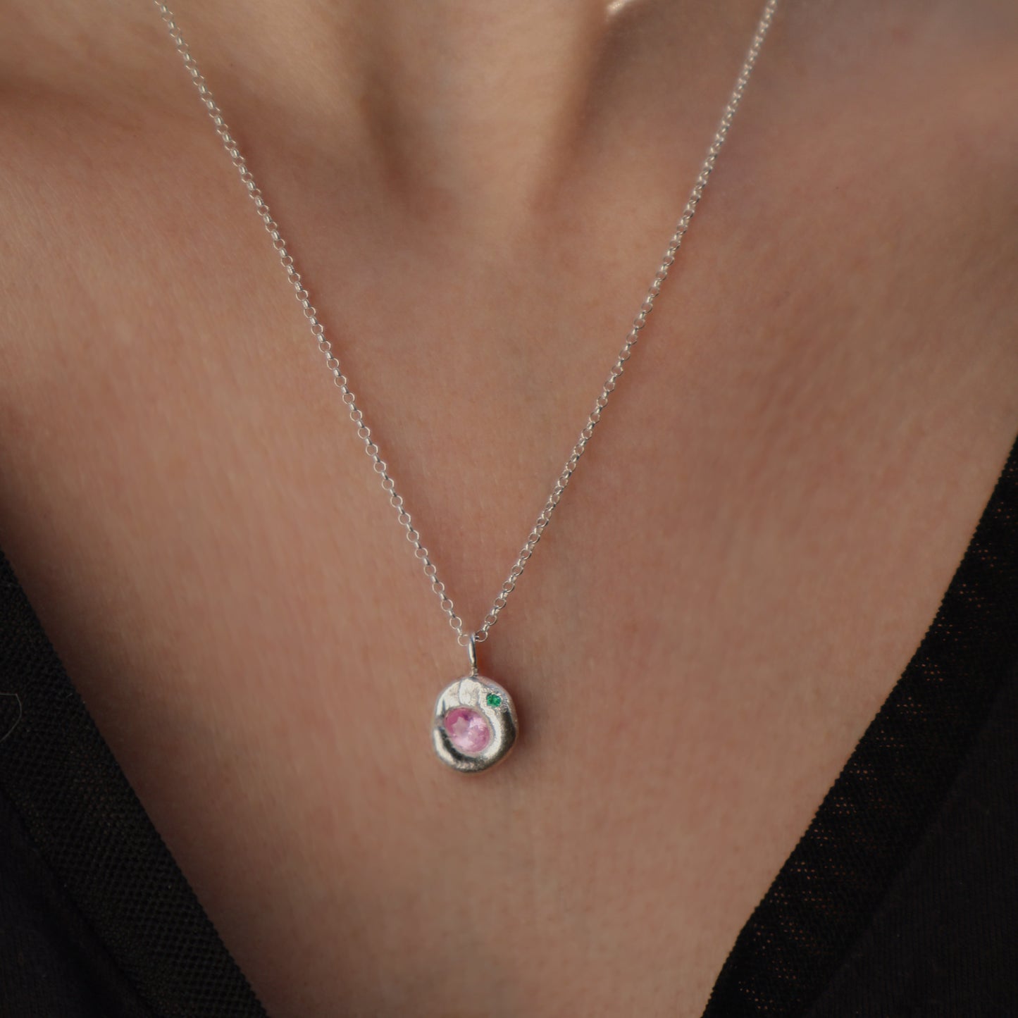 Molten Pendant - Silver - Oval Pink Sapphire and Emerald