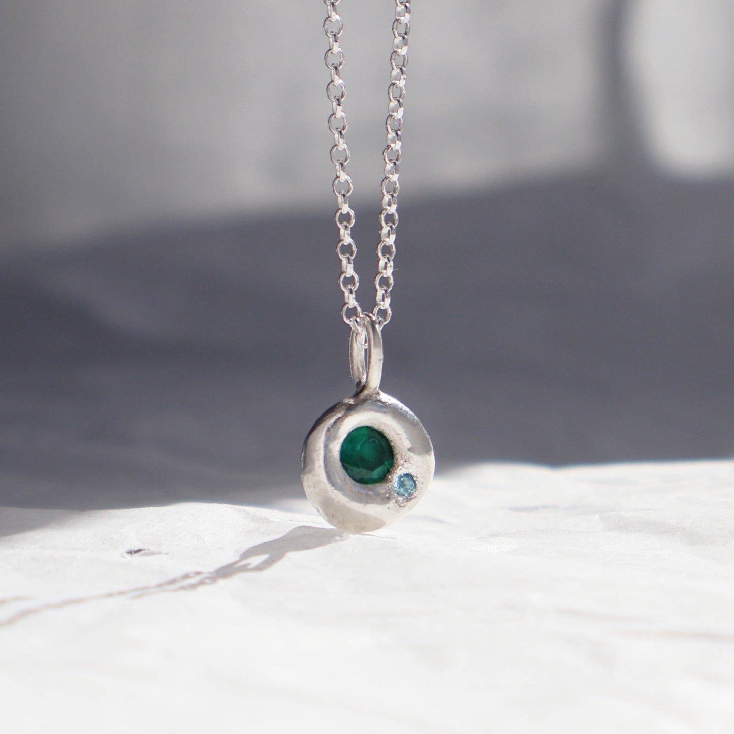 Molten Pendant - Silver - Round Emerald with Topaz