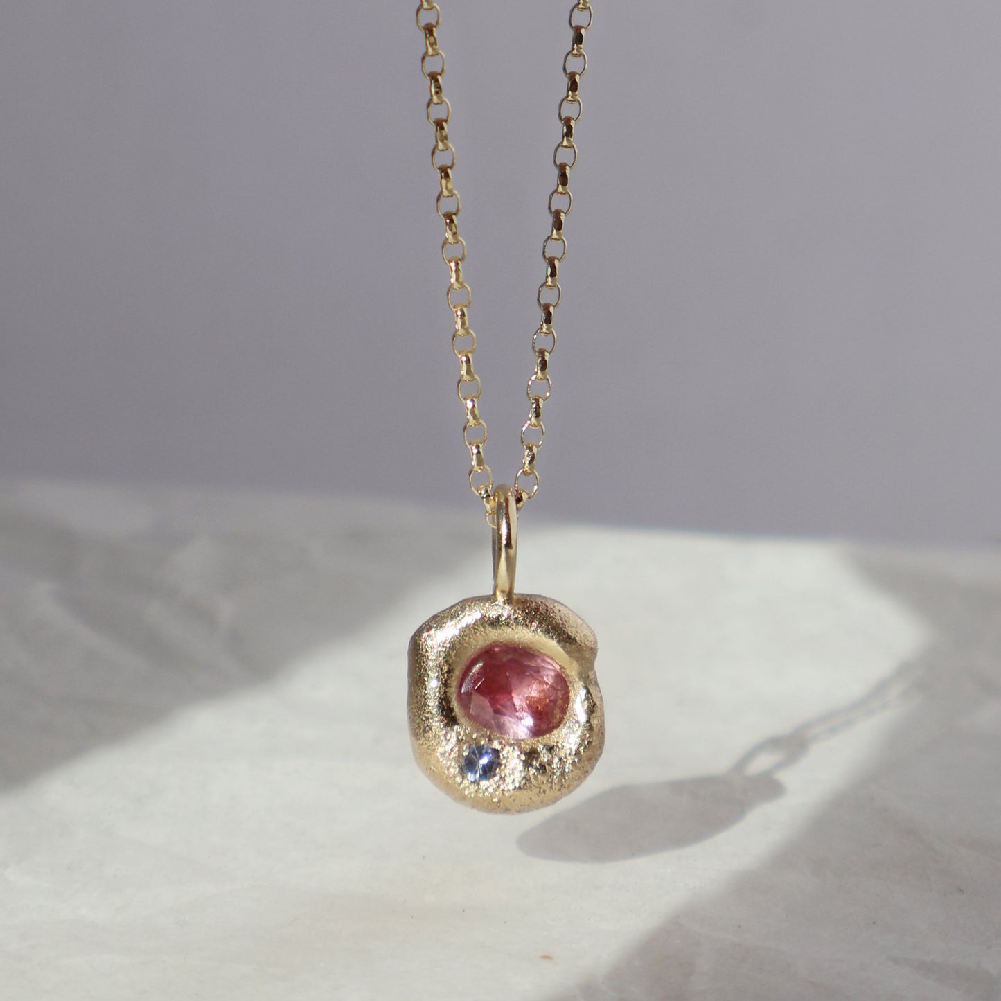 Molten Pendant - 9ct Gold - Oval Pink Sapphire with Tanzanite