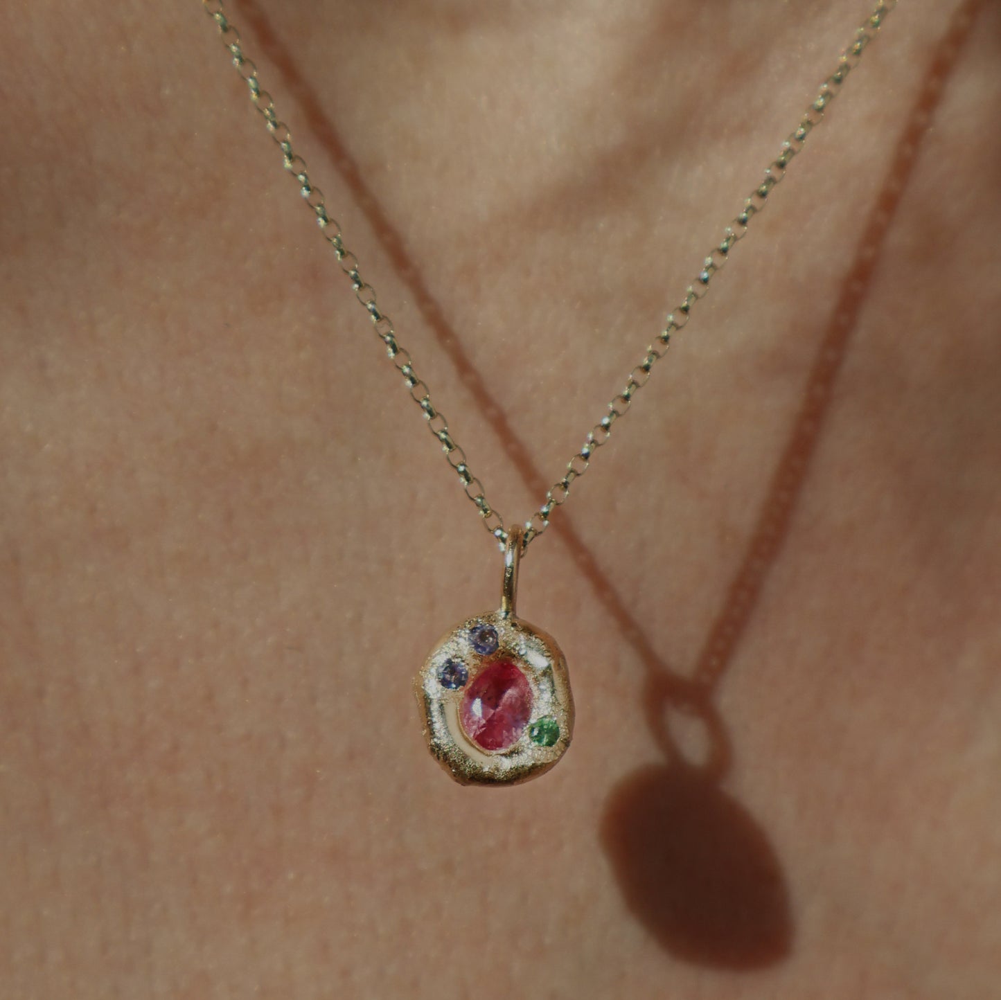 Molten Pendant - 9ct Gold - Oval Pink Sapphire with Tanzanites and Tsavorite