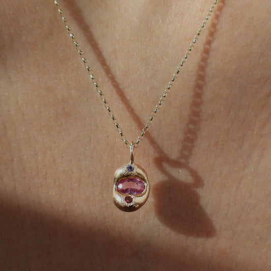 Molten Pendant - 9ct Gold - Oval Pink Sapphire with Tanzanite and Tourmaline