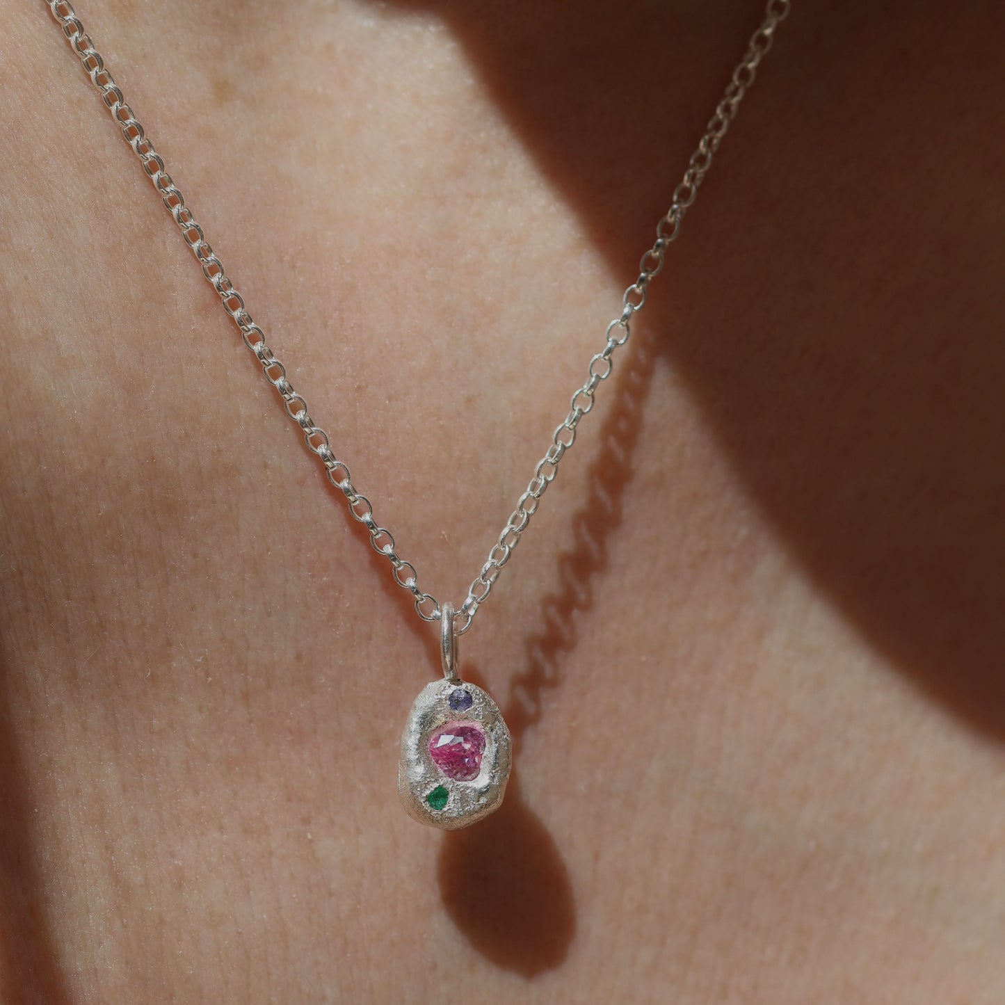 Molten Pendant - Silver - Pink Heart Sapphire with Tanzanite and Emerald