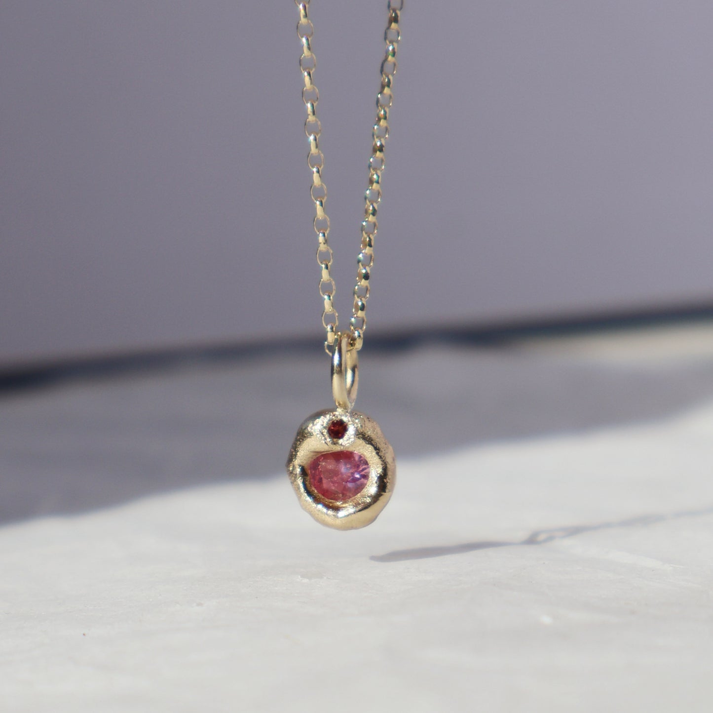 Molten Pendant - 9ct Gold - Round Pink Sapphire with Pink Tourmaline - No Chain