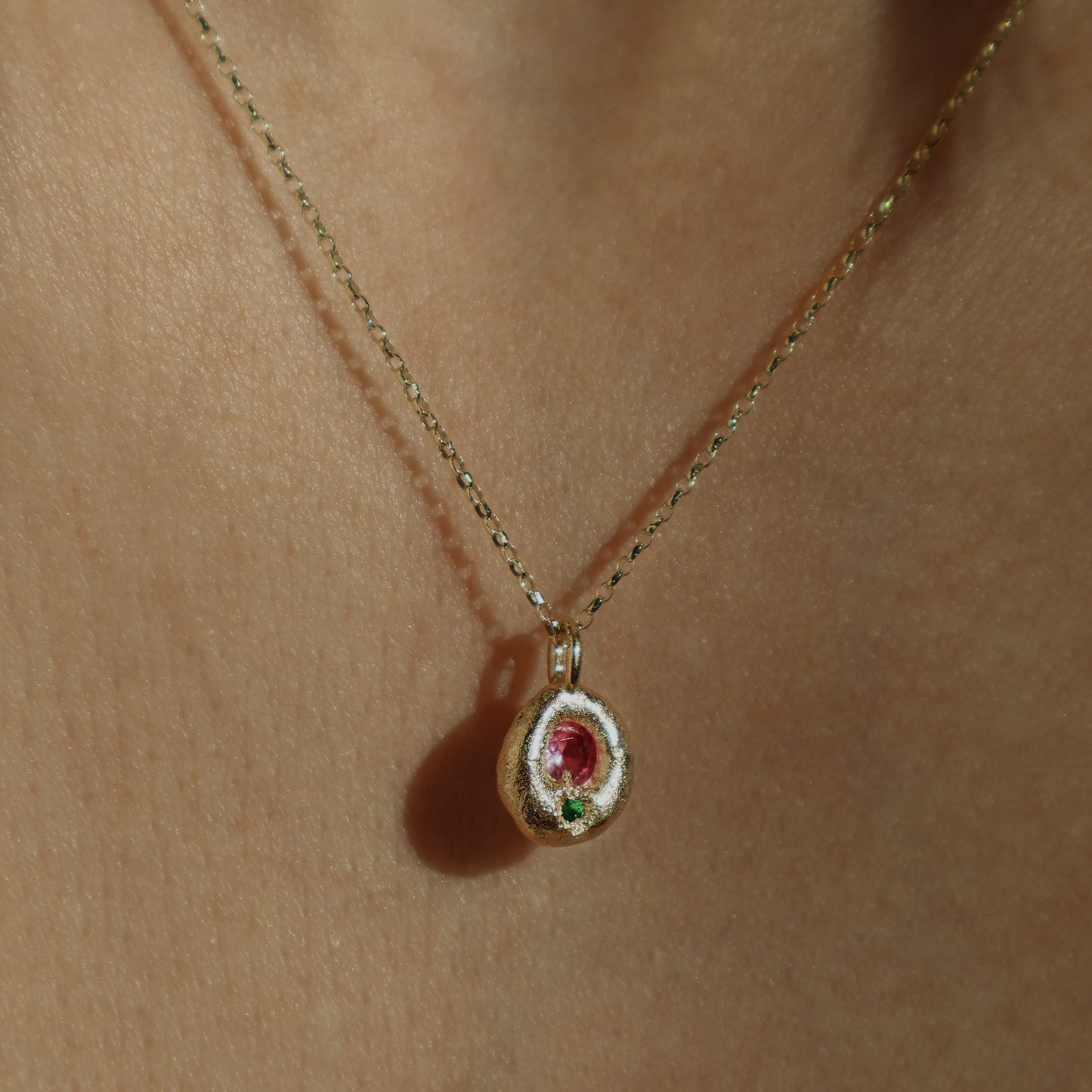 Molten Pendant  - 9ct Gold - Round Pink Sapphire with Emerald