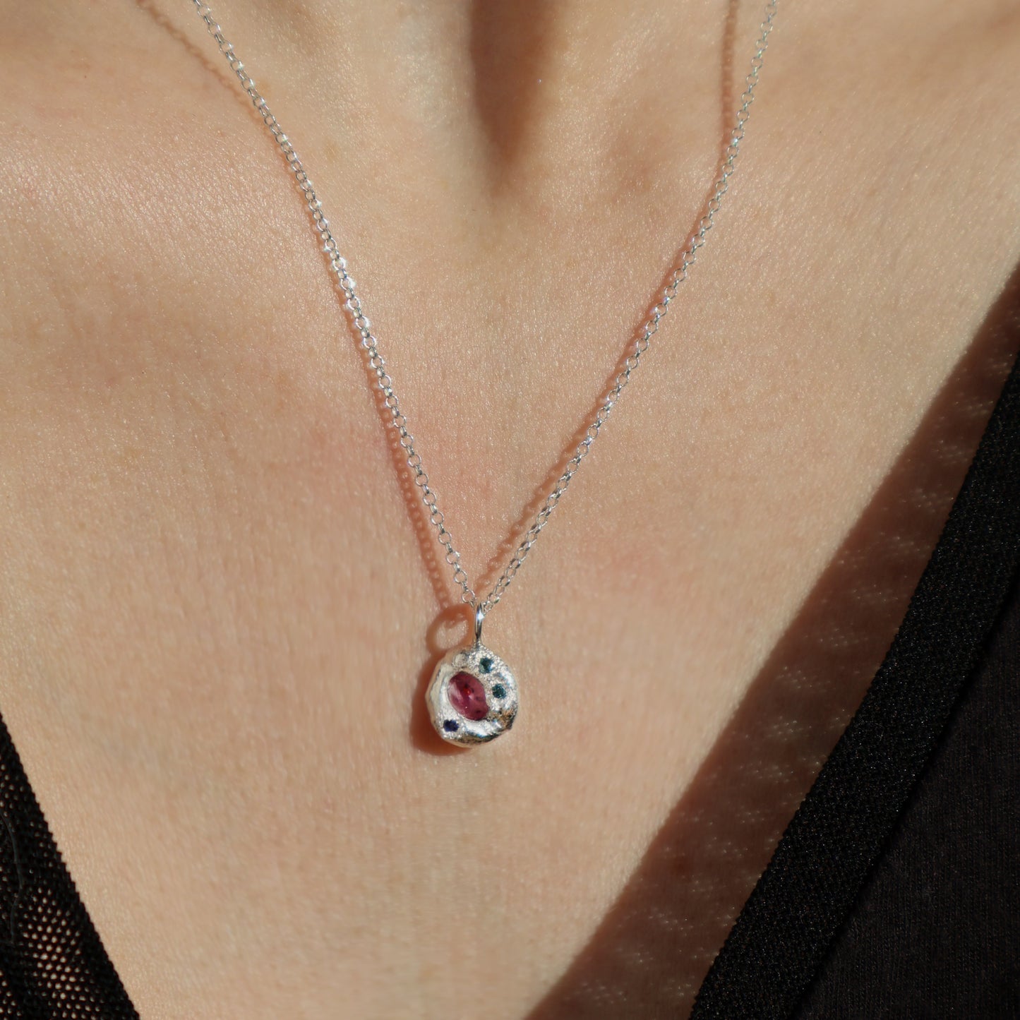 Molten Pendant - Silver - Oval Pink Sapphire with Topaz and Tanzanite
