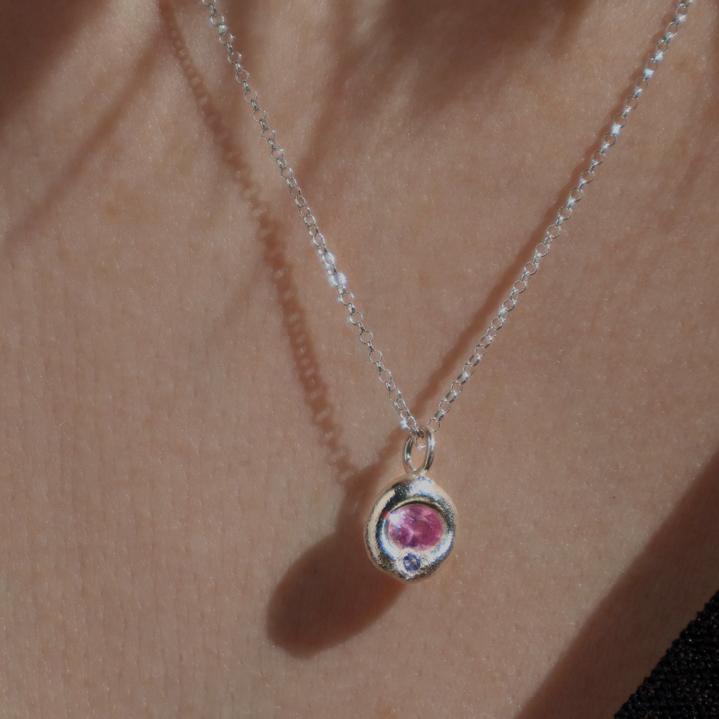 Molten Pendant - Silver - Oval Pink Sapphire with Tanzanite