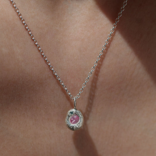 Molten Pendant - Silver - Pink Sapphire with Blue Topaz