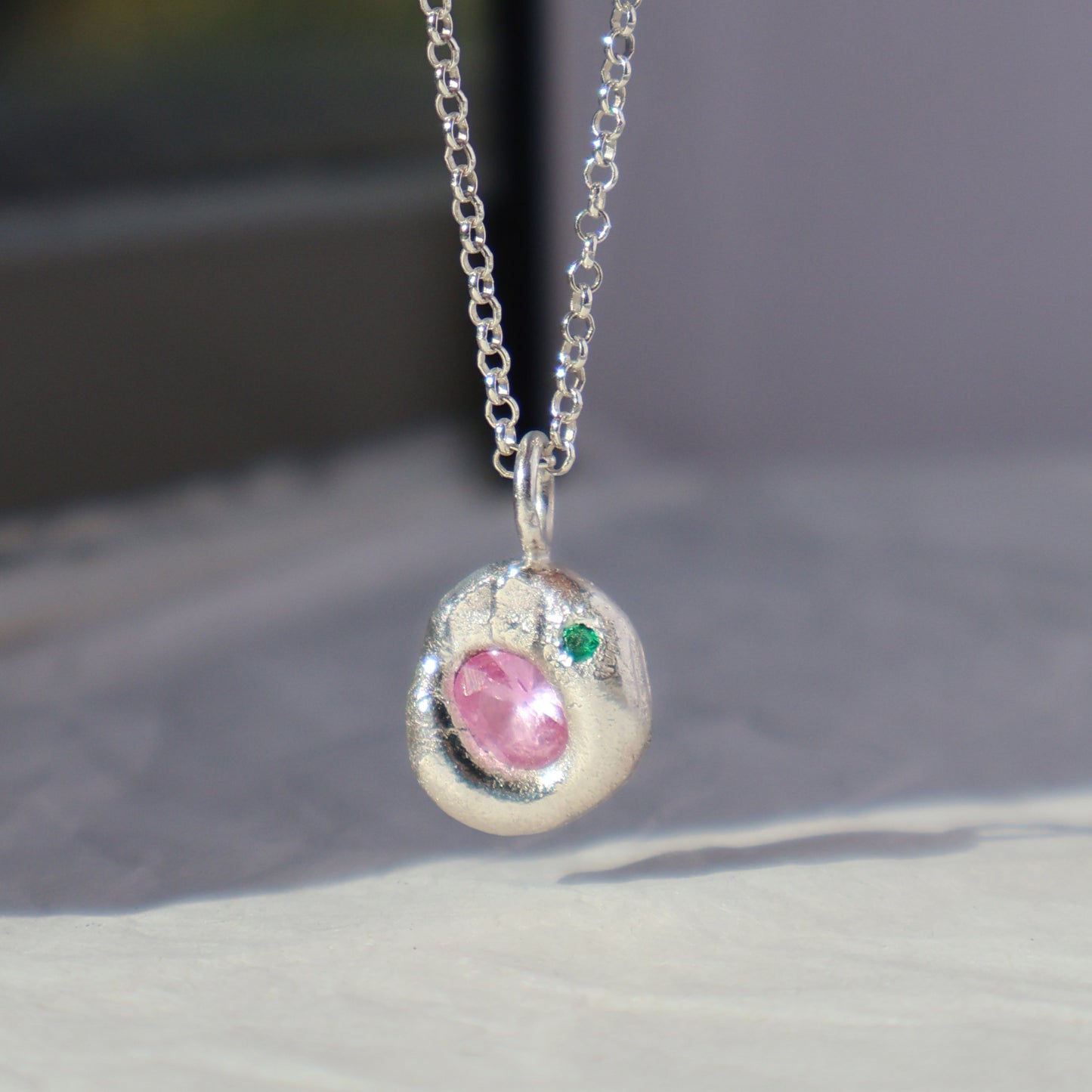 Molten Pendant - Silver - Oval Pink Sapphire and Emerald