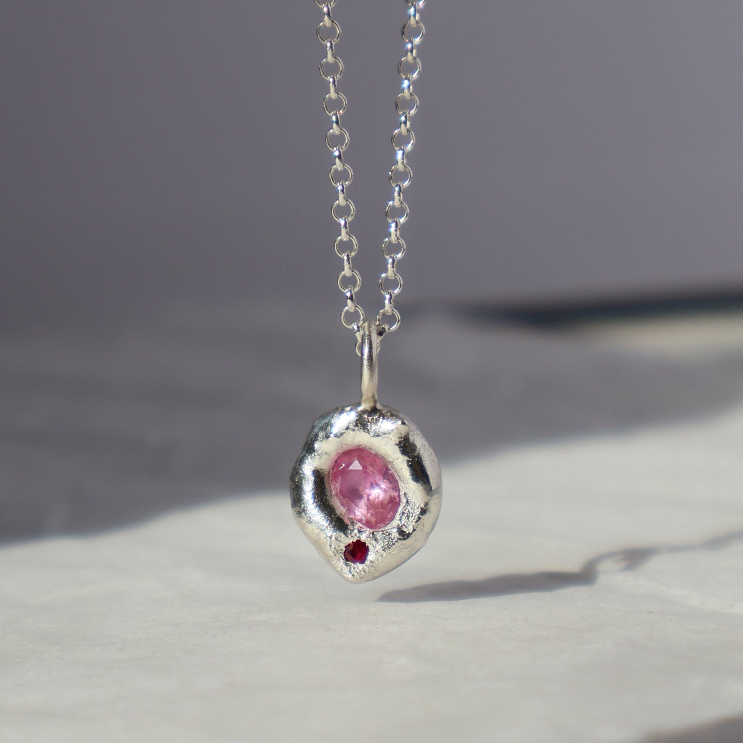 Molten Pendant - Silver - Oval Pink Sapphire with Ruby