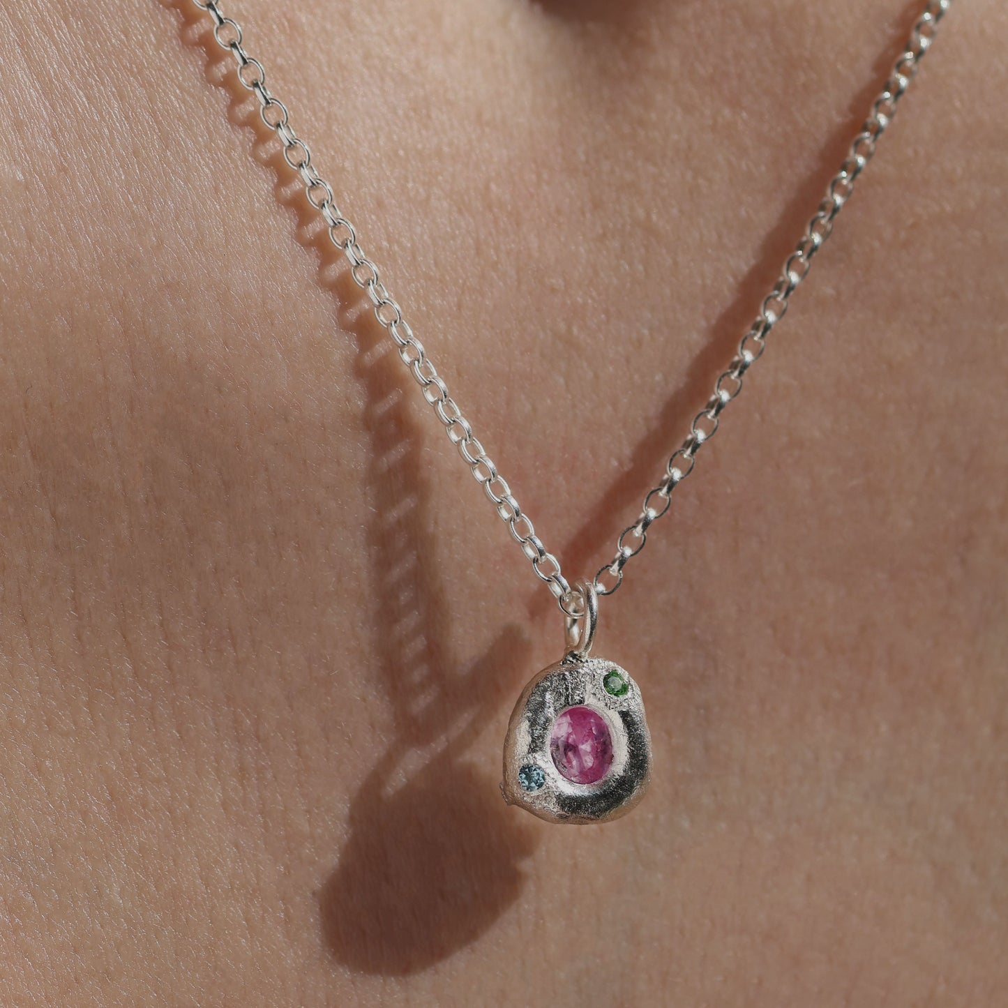 Molten Pendant - Silver - Oval Pink Sapphire with Tsavorite Garnet and Blue Topaz