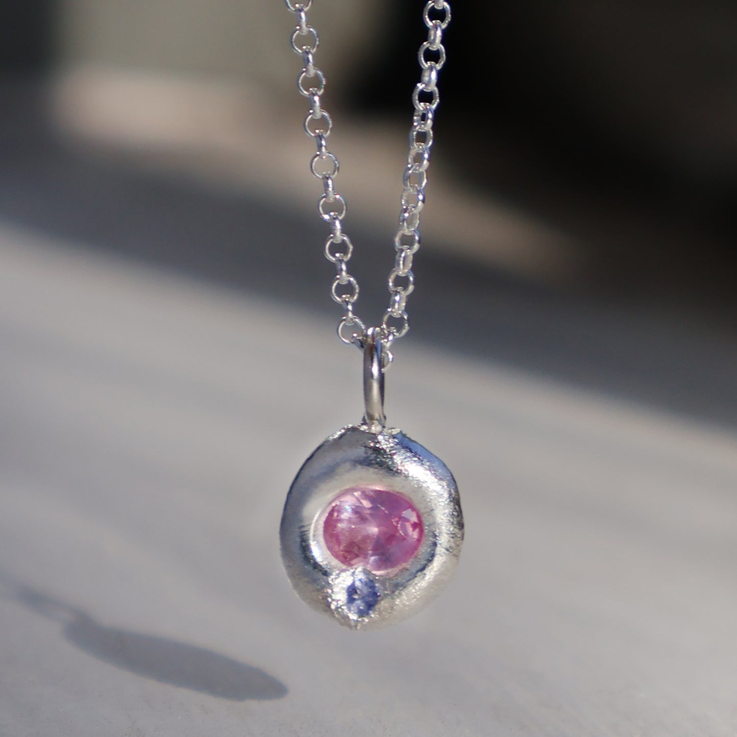 Molten Pendant - Silver - Oval Pink Sapphire with Tanzanite