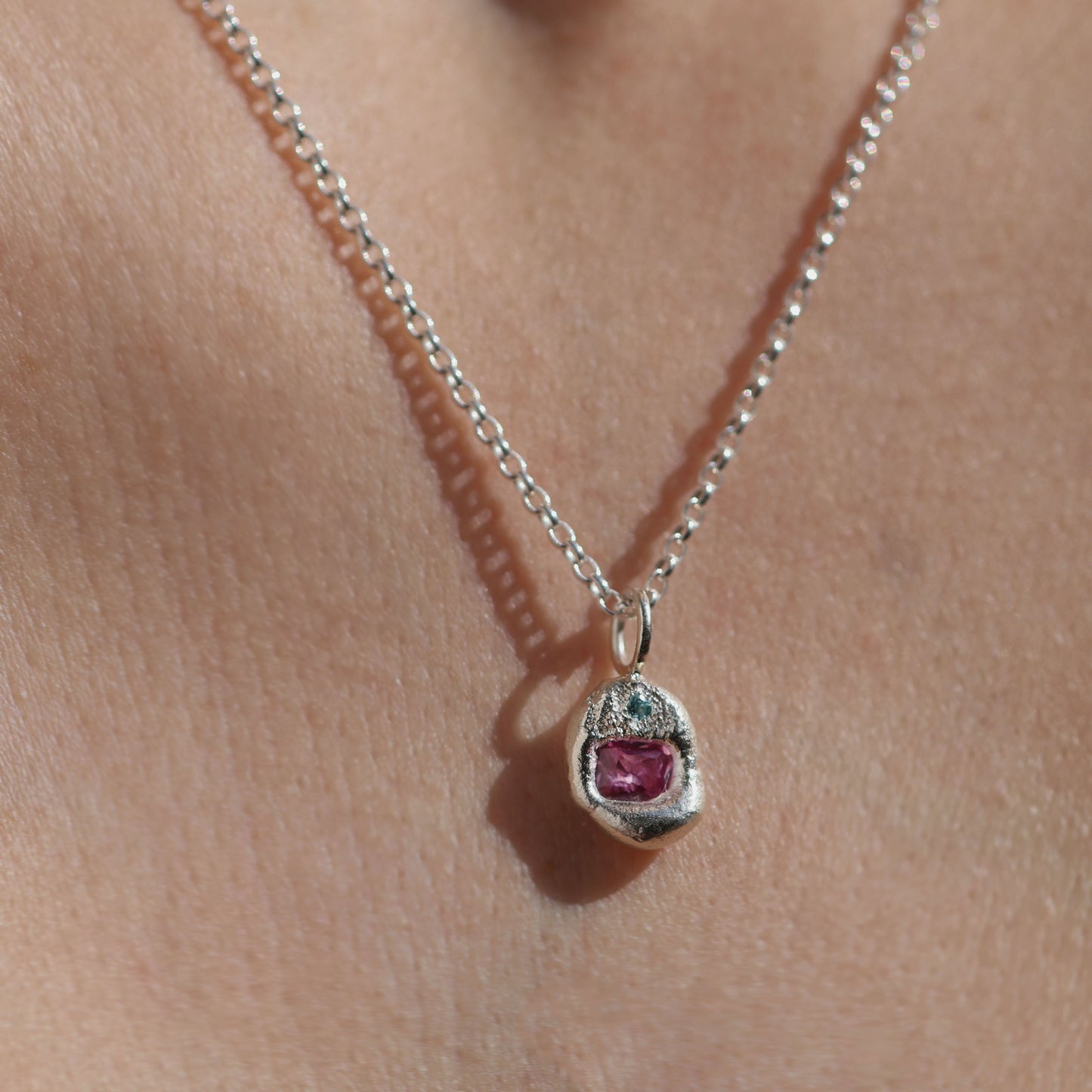 Molten Pendant - Silver - Octagon Pink Sapphire with Blue Topaz