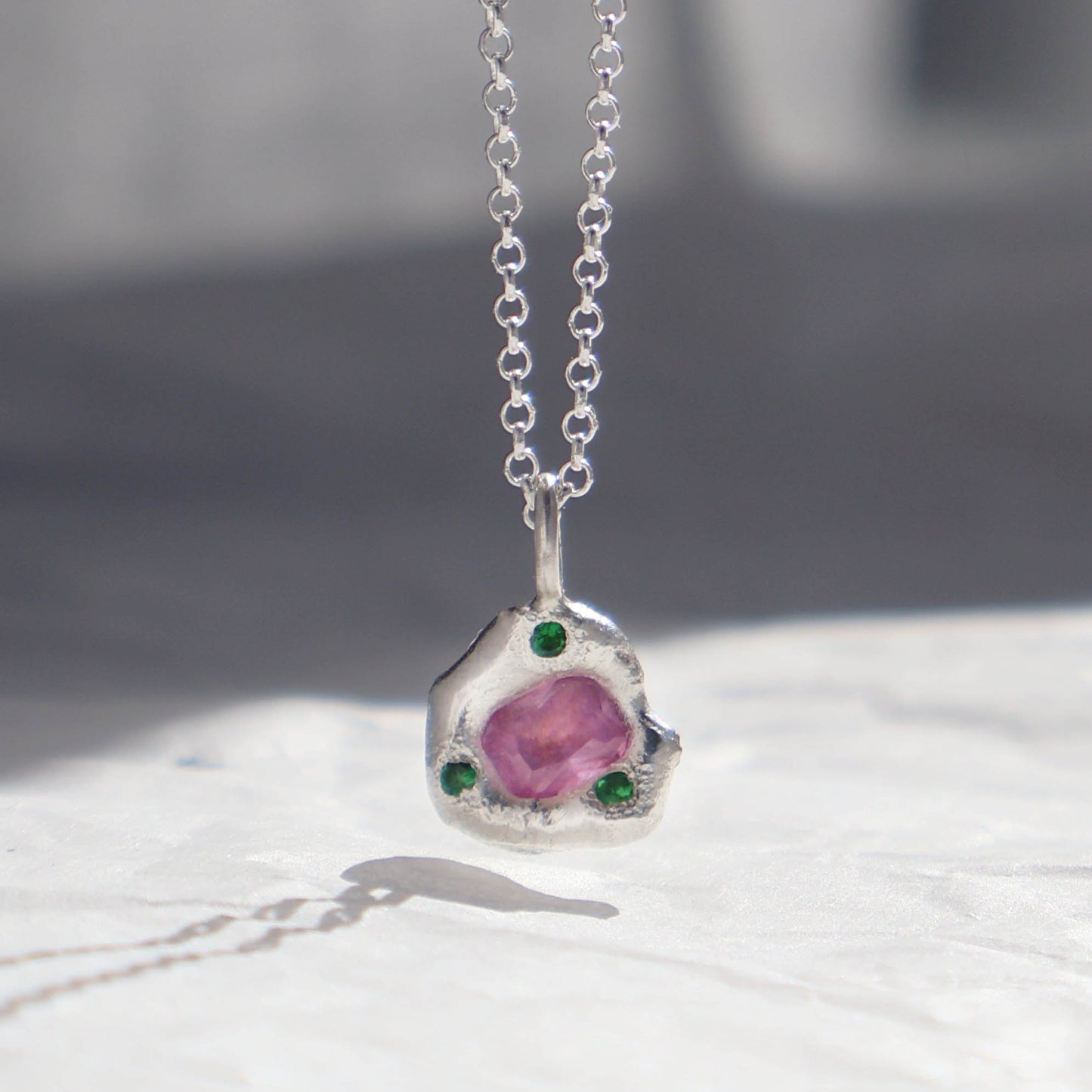 Molten Pendant - Silver - Octagon Pink Sapphire with Tsavorite Garnets