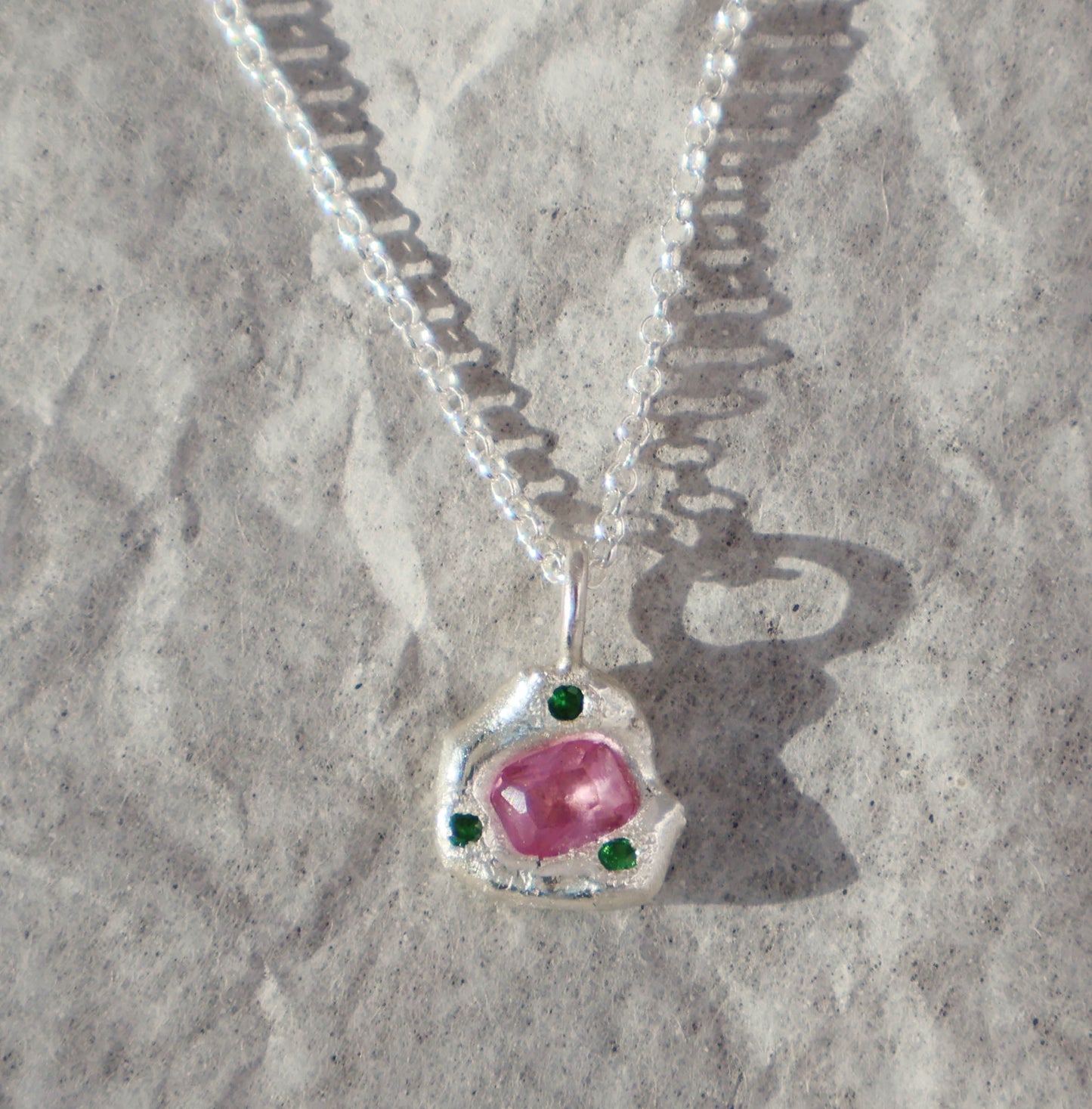 Molten Pendant - Silver - Octagon Pink Sapphire with Tsavorite Garnets