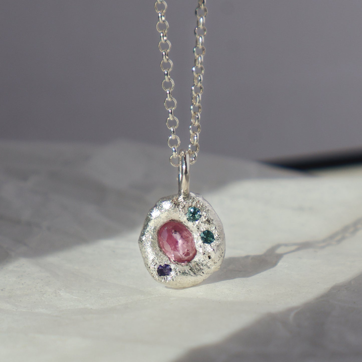 Molten Pendant - Silver - Oval Pink Sapphire with Topaz and Tanzanite