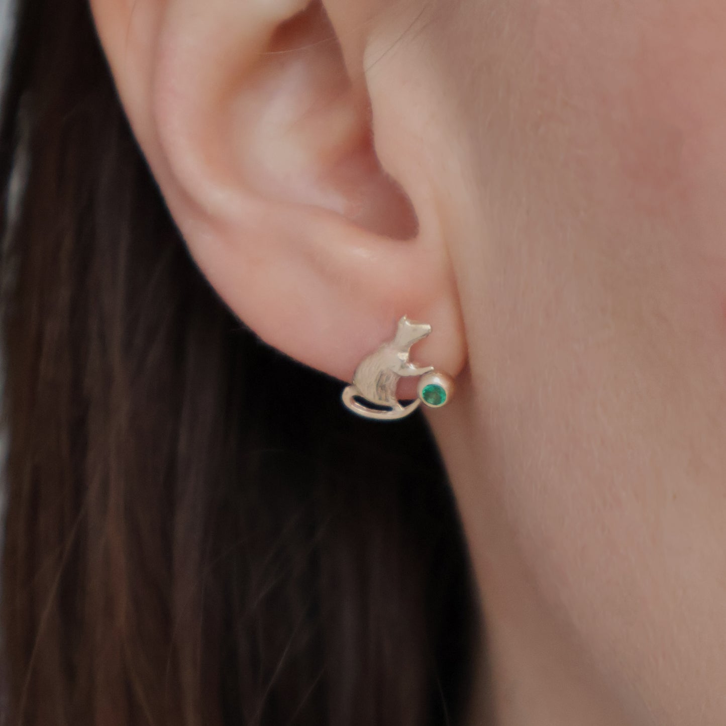 Rat and Cat Earrings - 9ct Gold - Emerald