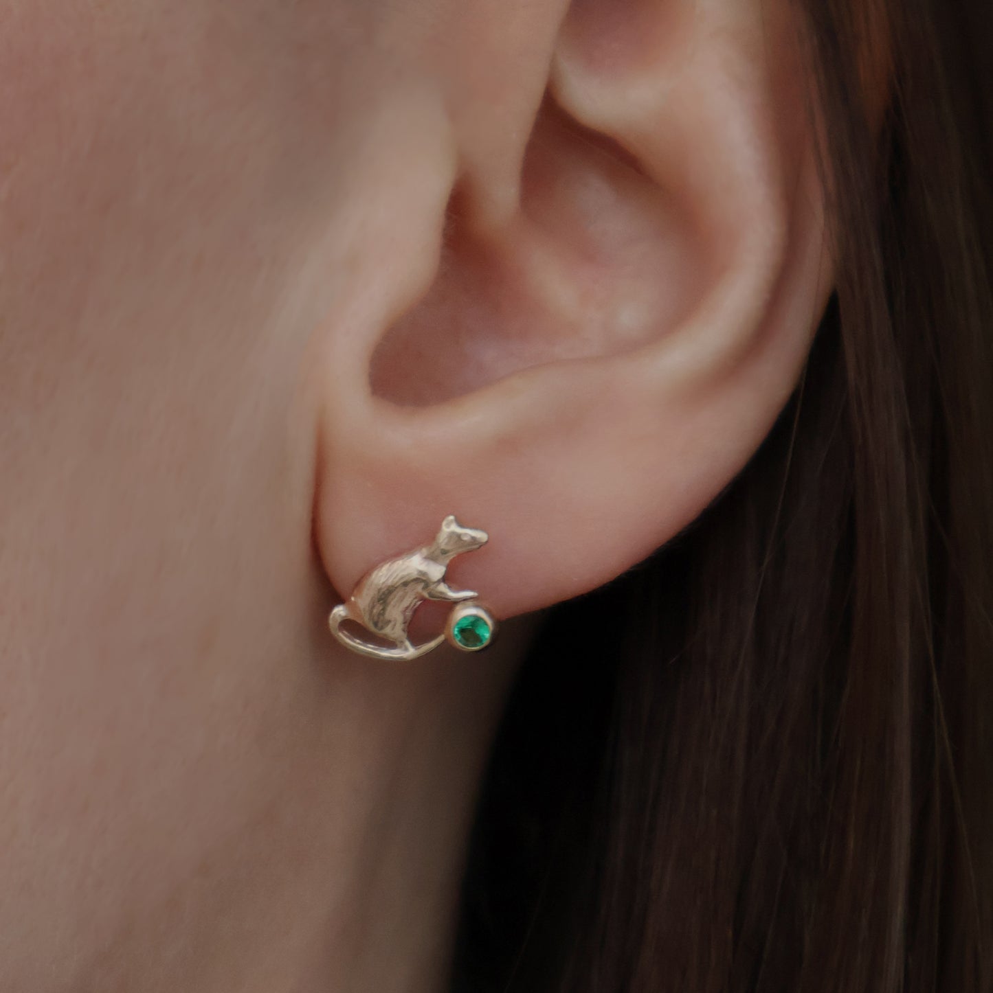 Rat and Cat Earrings - 9ct Gold - Emerald