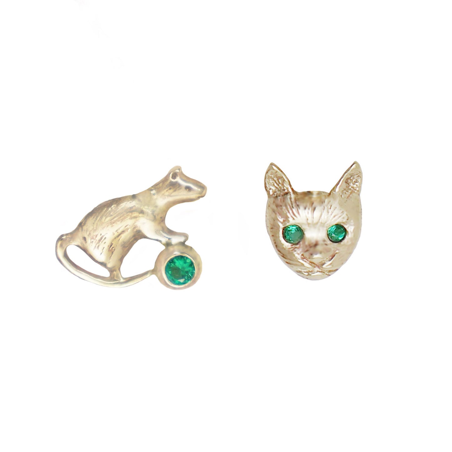 Rat and Cat Earrings - 9ct Gold - Emerald