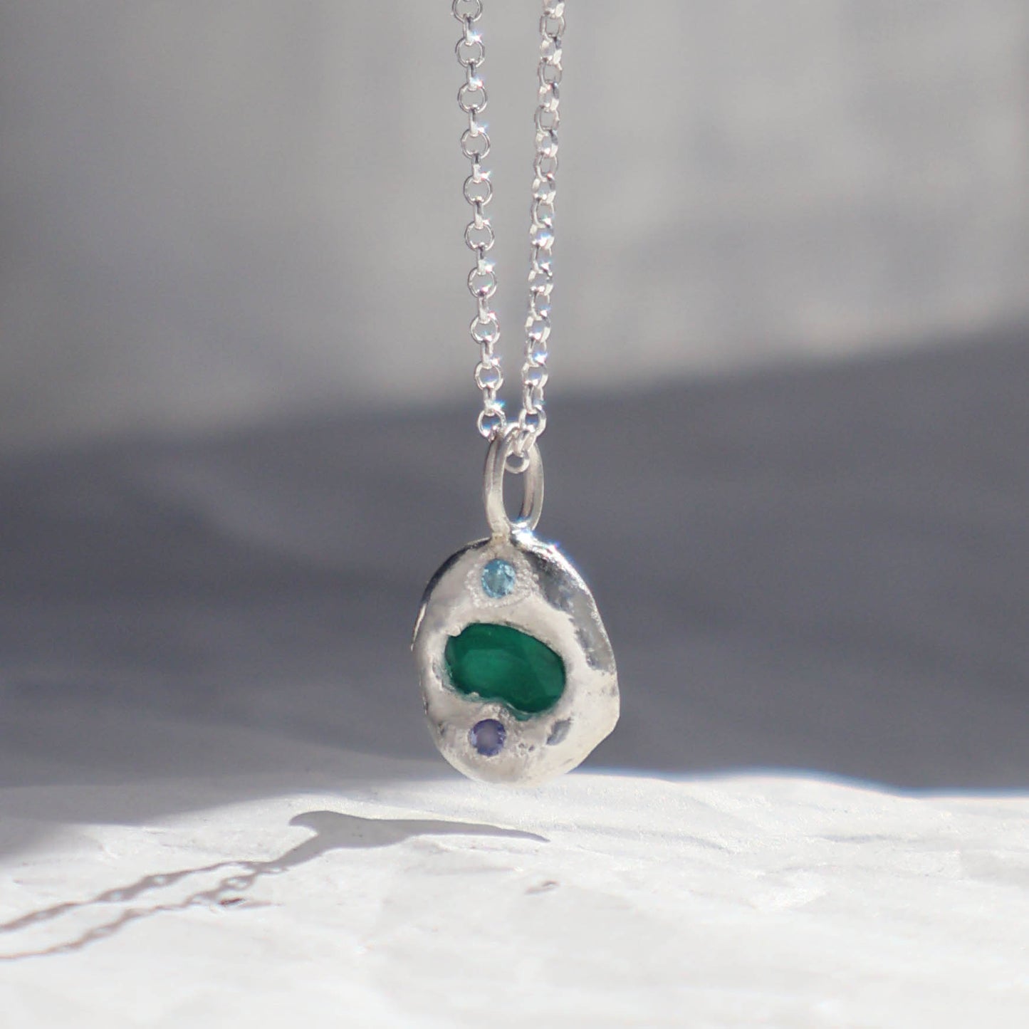 Molten Pendant - Silver - Oval Emerald with Topaz and Tanzanite