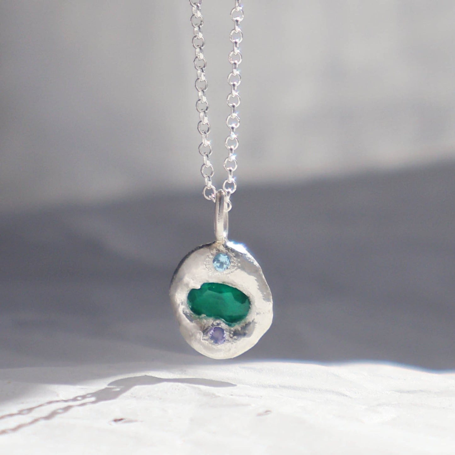 Molten Pendant - Silver - Oval Emerald with Topaz and Tanzanite