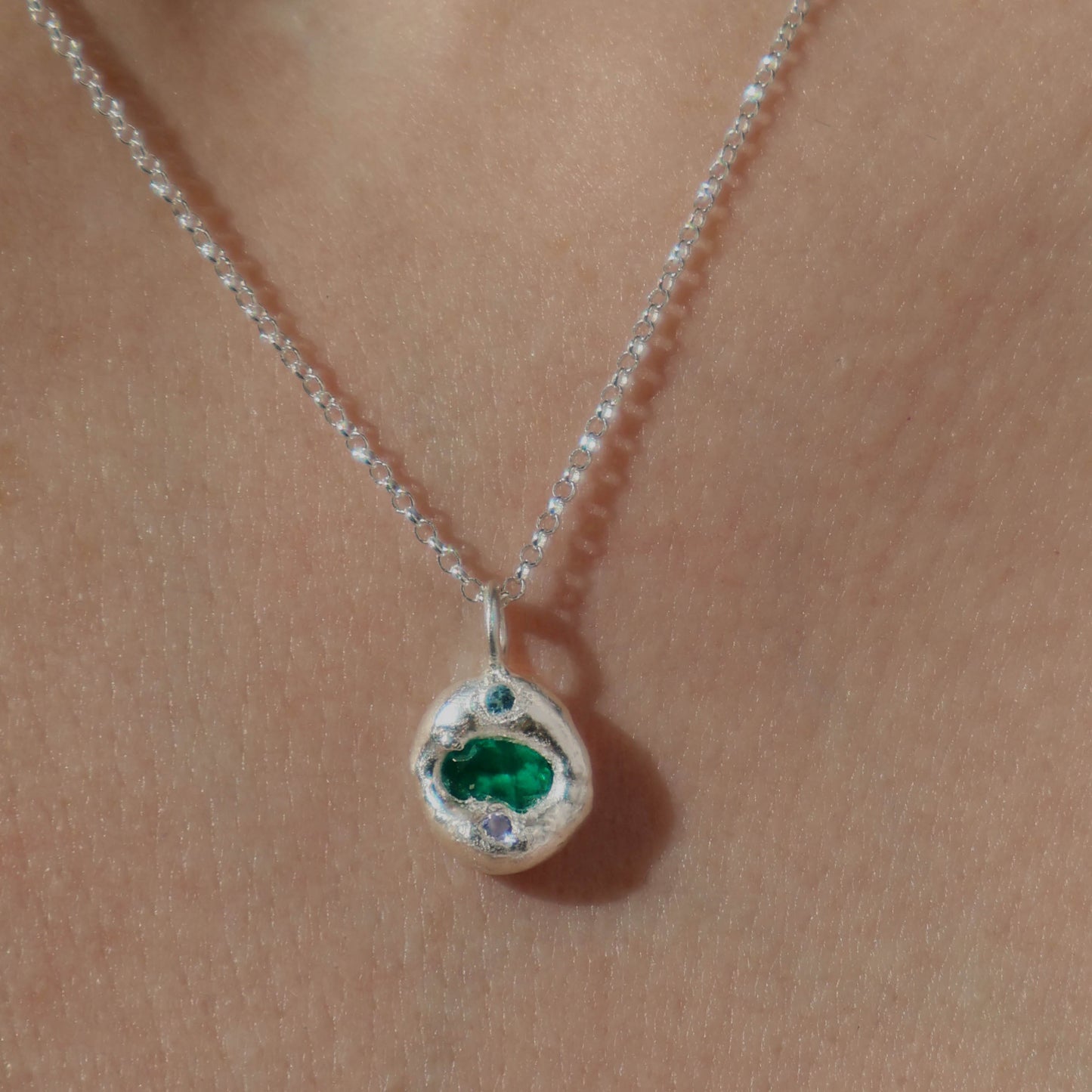 Molten Pendant - Silver - Oval Emerald with Topaz and Tanzanite