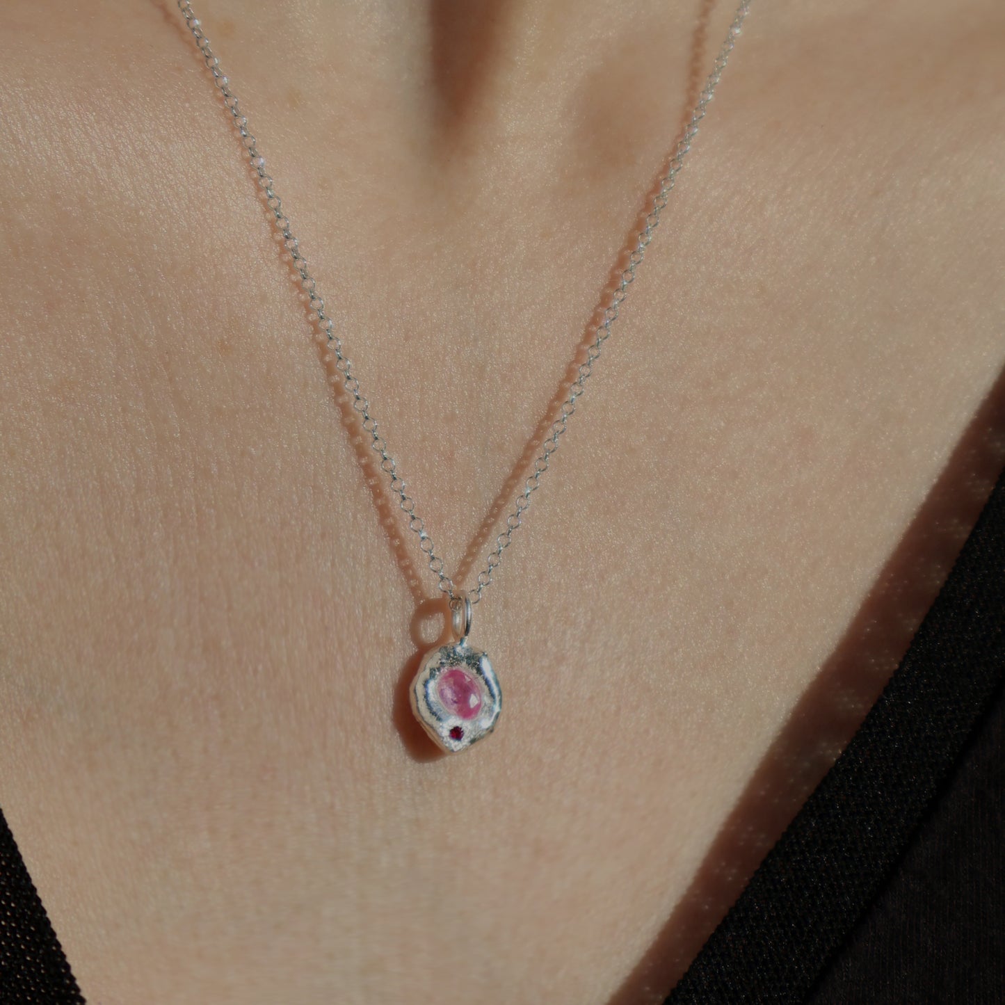 Molten Pendant - Silver - Oval Pink Sapphire with Ruby
