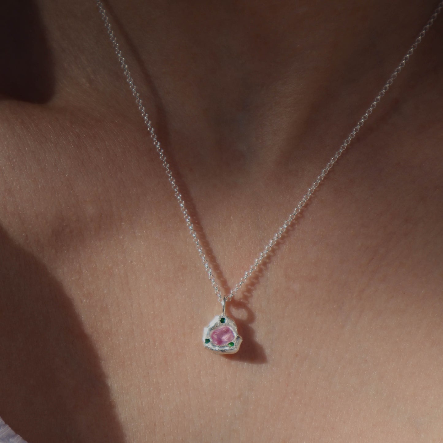 Molten Pendant - Silver - Octagon Pink Sapphire with Tsavorite Garnets