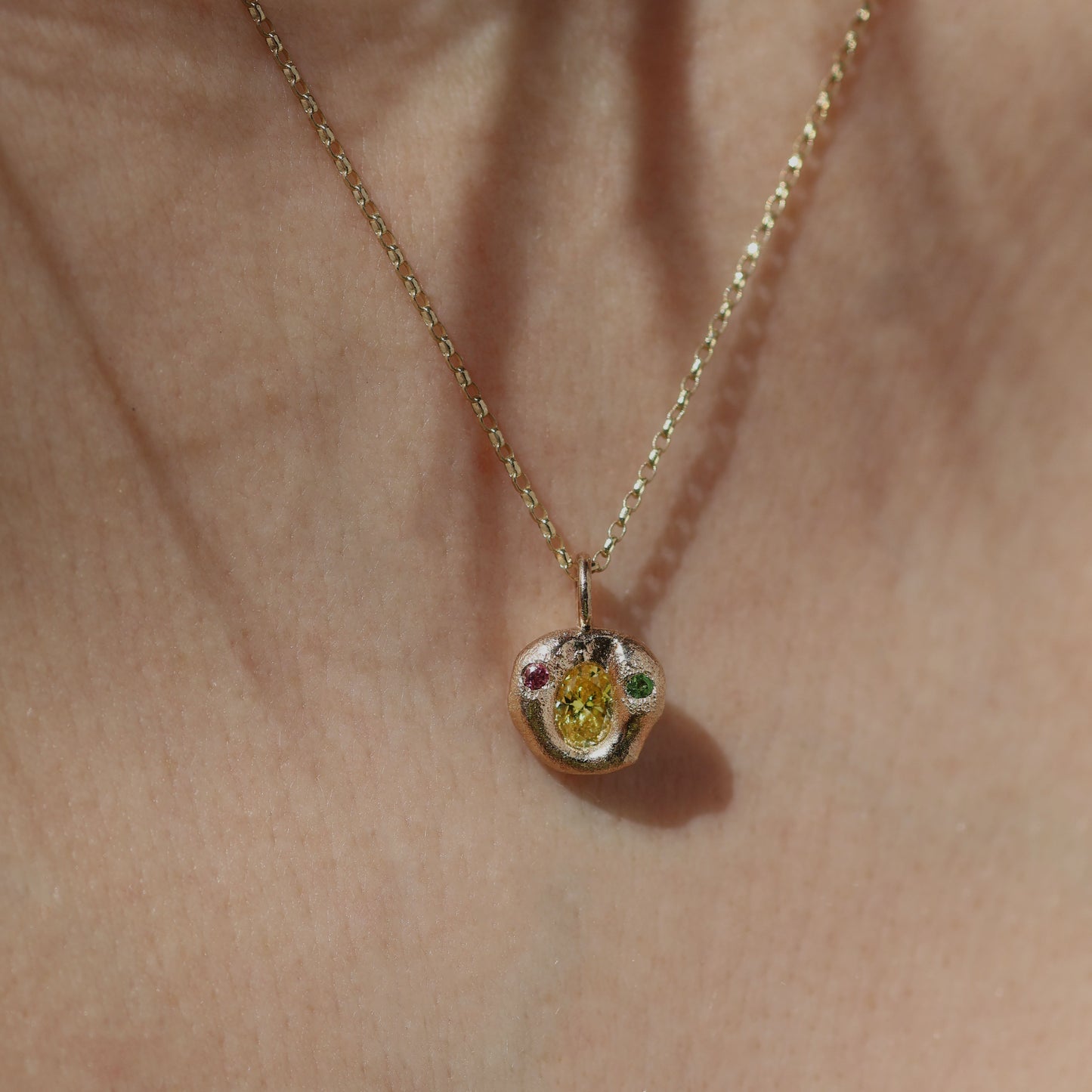Molten Pendant - 9ct Gold - Oval Yellow Diamond with Tourmaline and Tsavorite Garnet