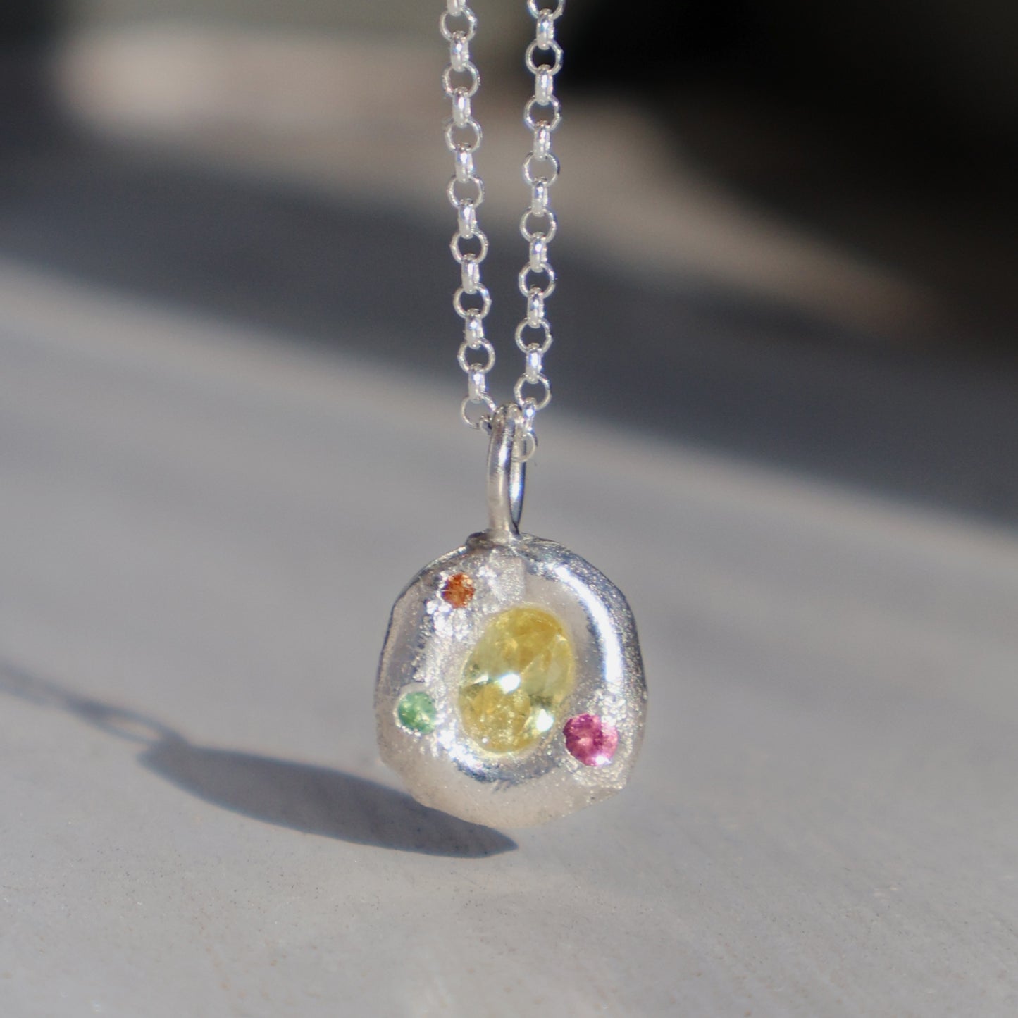 Molten Pendant - Silver - Oval Yellow Sapphire with Pink Tourmaline, Orange Sapphire and Tsavorite Garnet