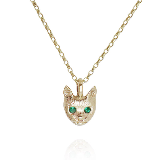 Cat Face Necklace - 9ct Gold - Emerald