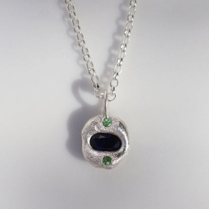 Molten Pendant  - Silver - Oval Blue Sapphire with Green Garnets