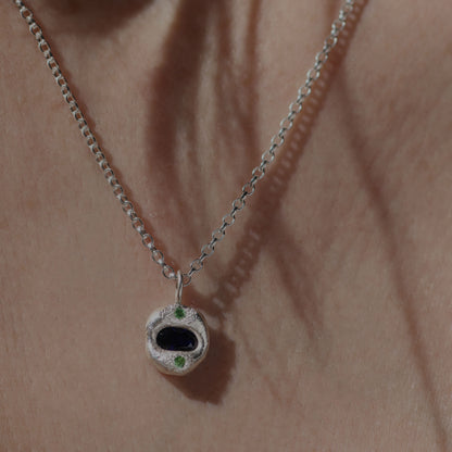 Molten Pendant  - Silver - Oval Blue Sapphire with Green Garnets