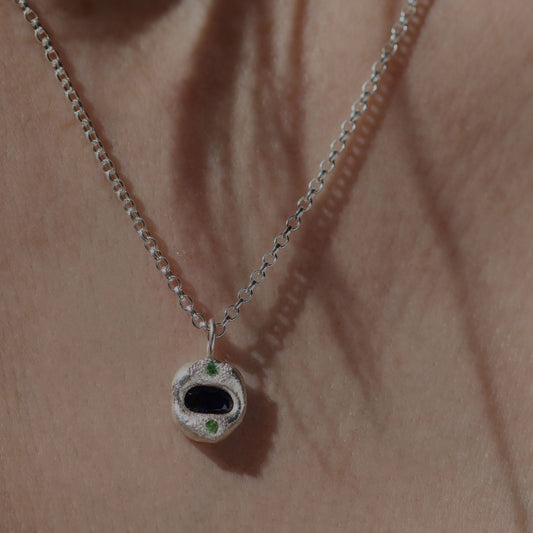 Molten Pendant  - Silver - Oval Blue Sapphire with Green Garnets