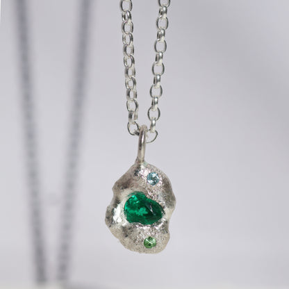 Molten Pendant  - Silver - Pear Emerald with Blue Topaz and Tsavorite Garnet