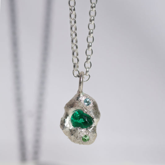 Molten Pendant  - Silver - Pear Emerald with Blue Topaz and Tsavorite Garnet