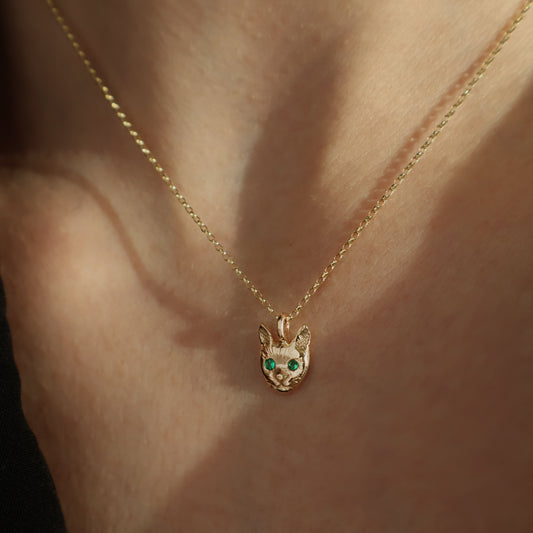 Cat Face Necklace - 9ct Gold - Emerald