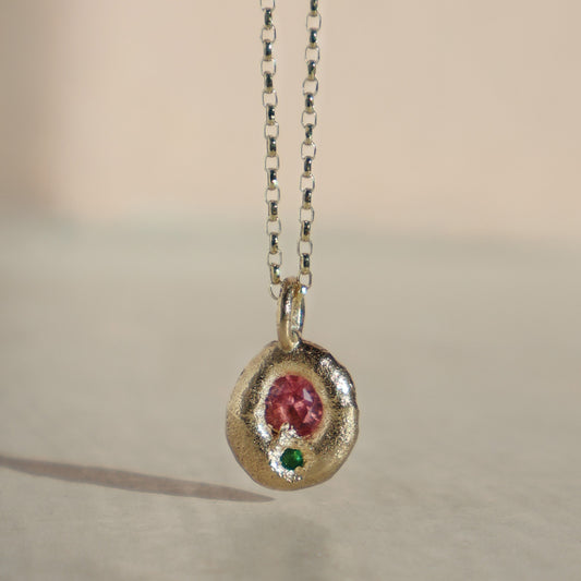 Molten Pendant  - 9ct Gold - Round Pink Sapphire with Emerald