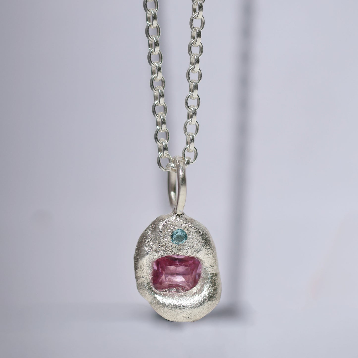 Molten Pendant  - Silver - Octagon Pink Sapphire with Blue Topaz