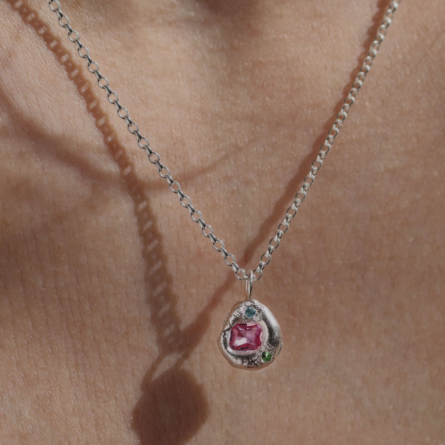 Molten Pendant  - Silver - Octagon Pink Sapphire with Topaz and Tsavorite Garnet