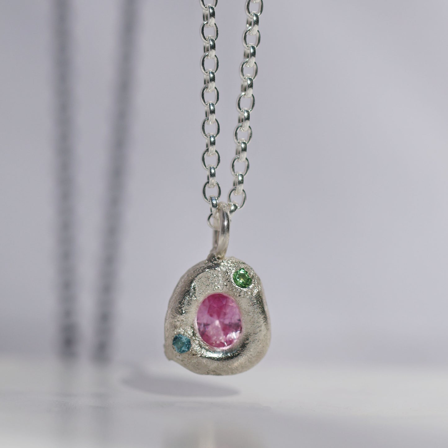 Molten Pendant  - Silver - Oval Pink Sapphire with Tsavorite Garnet and Blue Topaz