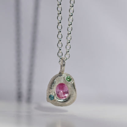 Molten Pendant  - Silver - Oval Pink Sapphire with Tsavorite Garnet and Blue Topaz