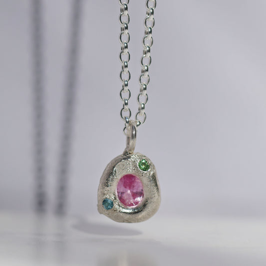 Molten Pendant  - Silver - Oval Pink Sapphire with Tsavorite Garnet and Blue Topaz