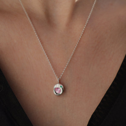 Molten Pendant  - Silver - Oval Pink Sapphire and Emerald
