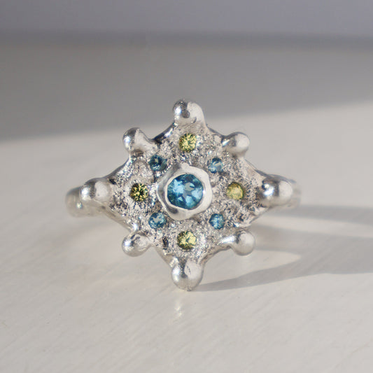 Solstice Ring  - Silver - Blue Topaz and Yellow Sapphire - Size O - P (US size 7 1/2 - 8)