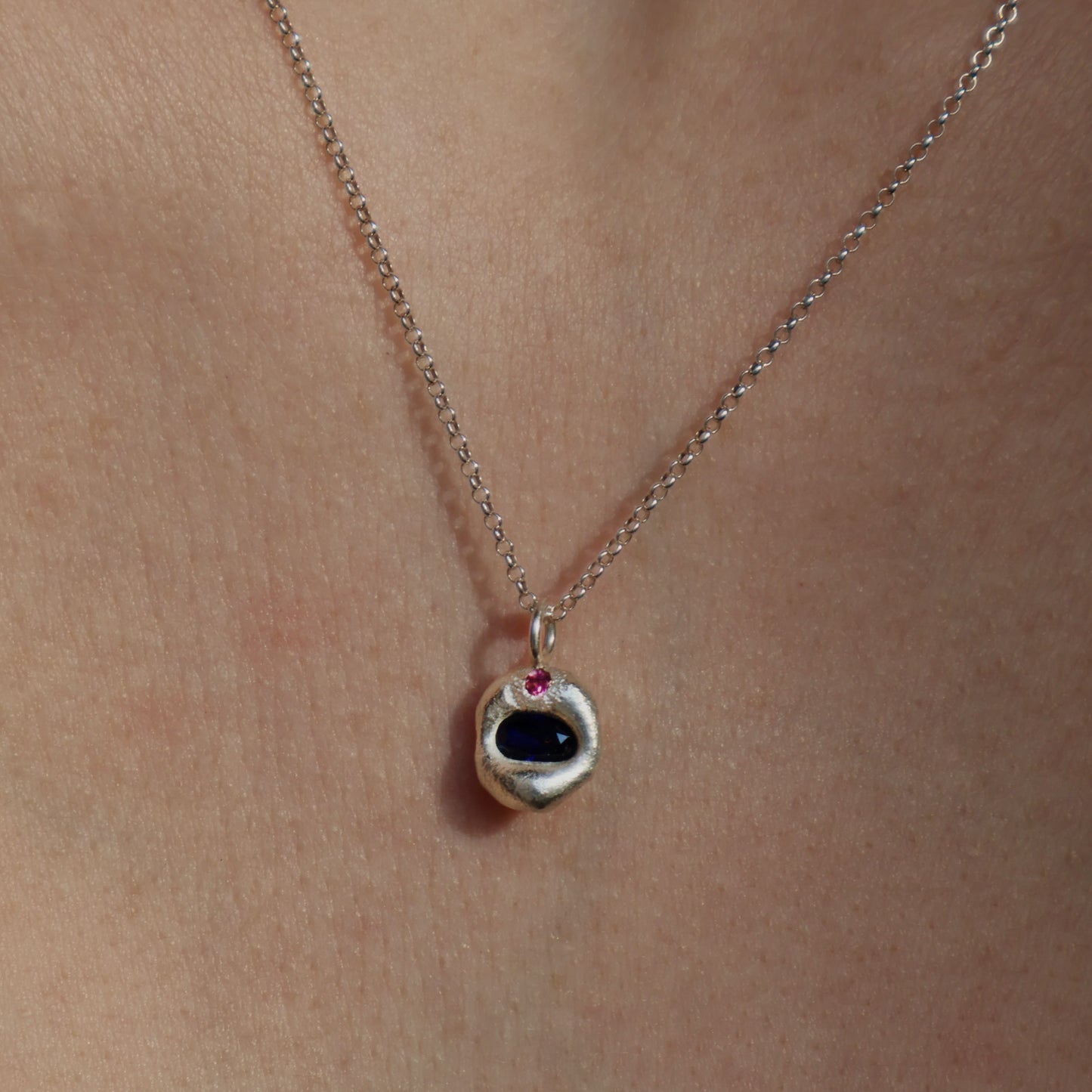 Molten Pendant  - Silver - Oval Blue Sapphire with Pink Tourmaline