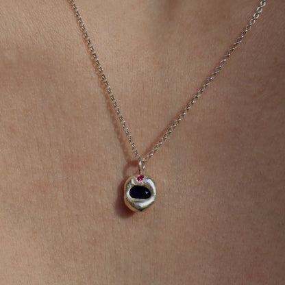 Molten Pendant  - Silver - Oval Blue Sapphire with Pink Tourmaline