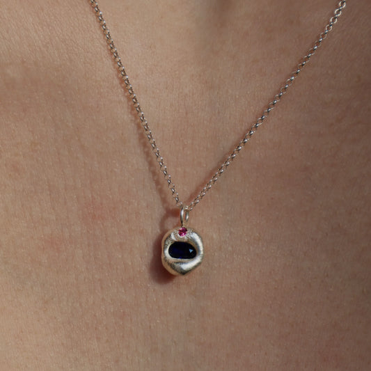 Molten Pendant  - Silver - Oval Blue Sapphire with Pink Tourmaline