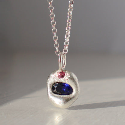 Molten Pendant  - Silver - Oval Blue Sapphire with Pink Tourmaline